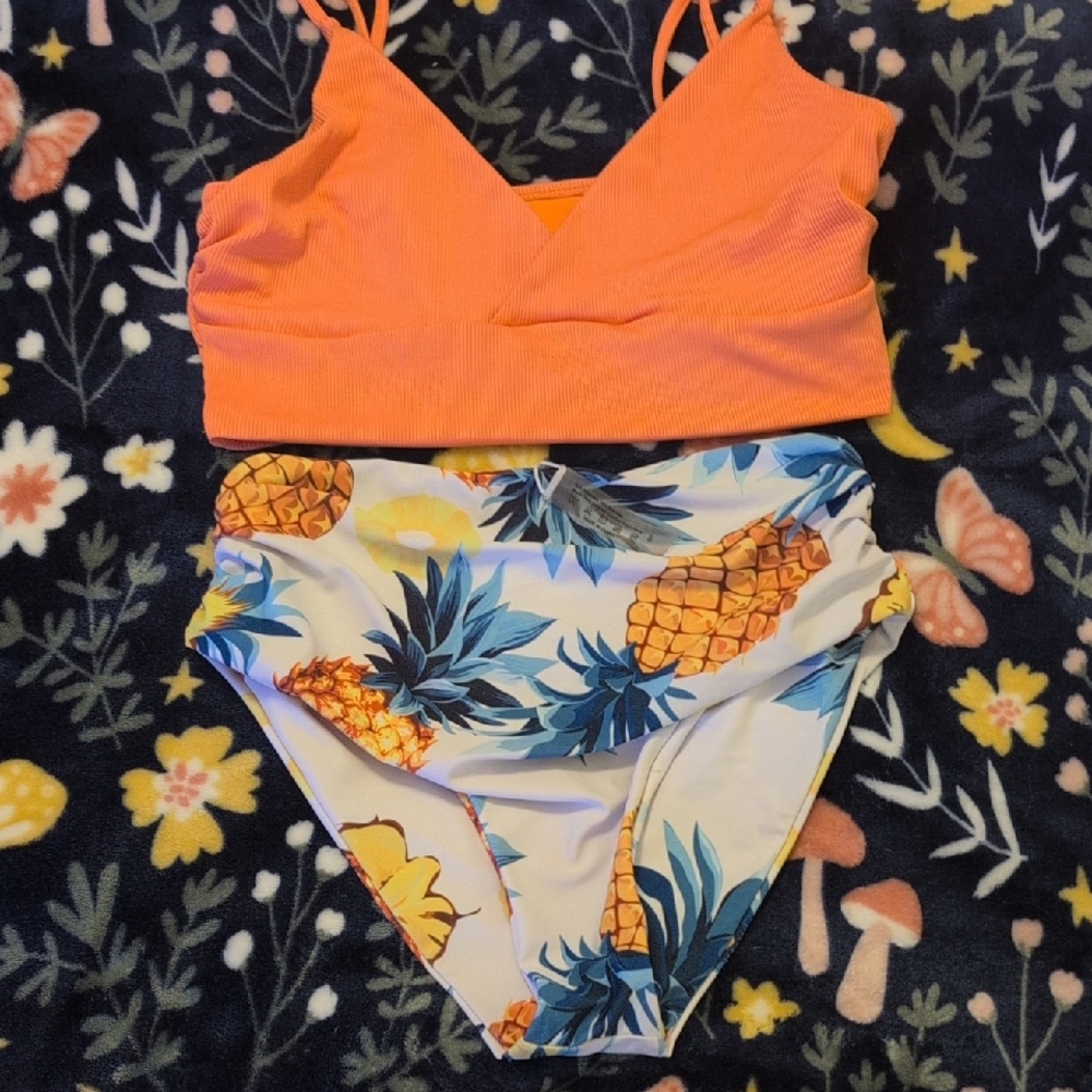 Orange Bikini Top with Pineapple Print Bottoms